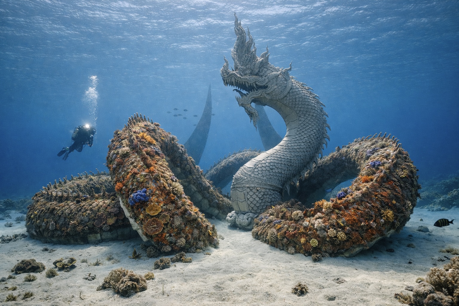 Monumental underwater sculpture rising from a coral reef